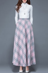 Women Pink Plaid Wool Skirt C3117
