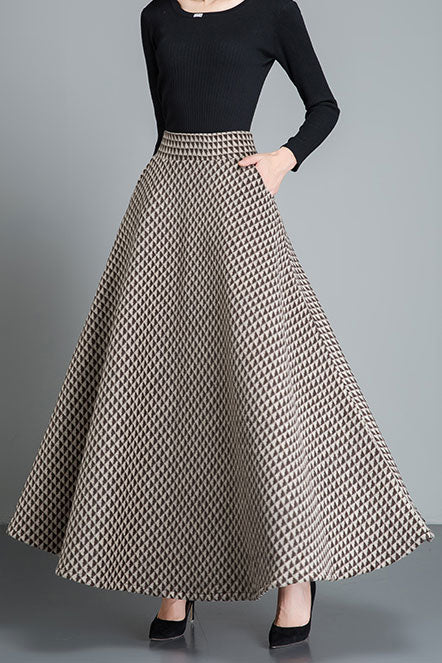 Full Length Warm Winter Wool Plaid Skirt Women C2486