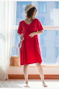 New Summer Women Red Linen Casual Dress C2902