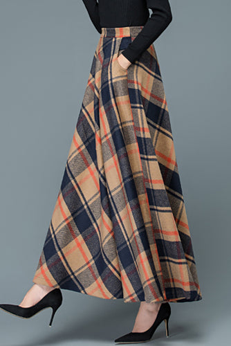 Retro Plaid Maxi Wool Skirt C3131