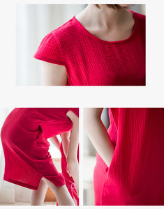 Red Summer Women Cotton Casual Dress C2901