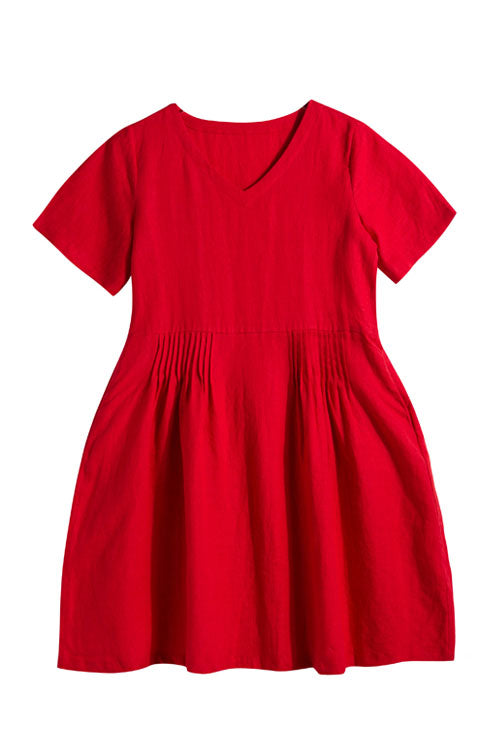 New Summer Women Red Linen Casual Dress C2902