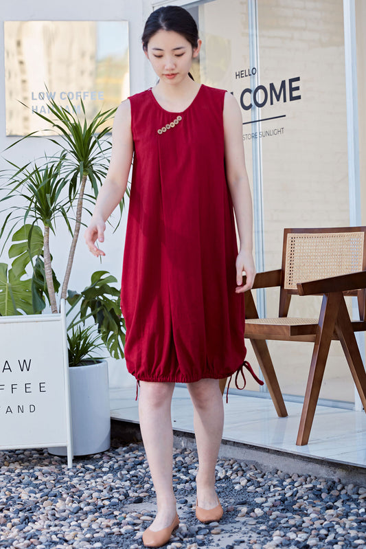 Red Sleeveless Bubble Linen Dress C2170 XS#yy05107