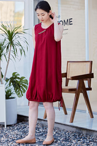 Red Sleeveless Bubble Linen Dress C2170 XS#yy05107