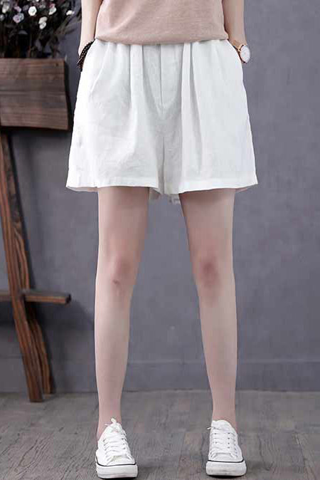 White Women Summer Linen Shorts C1393, Size M #CK2200485