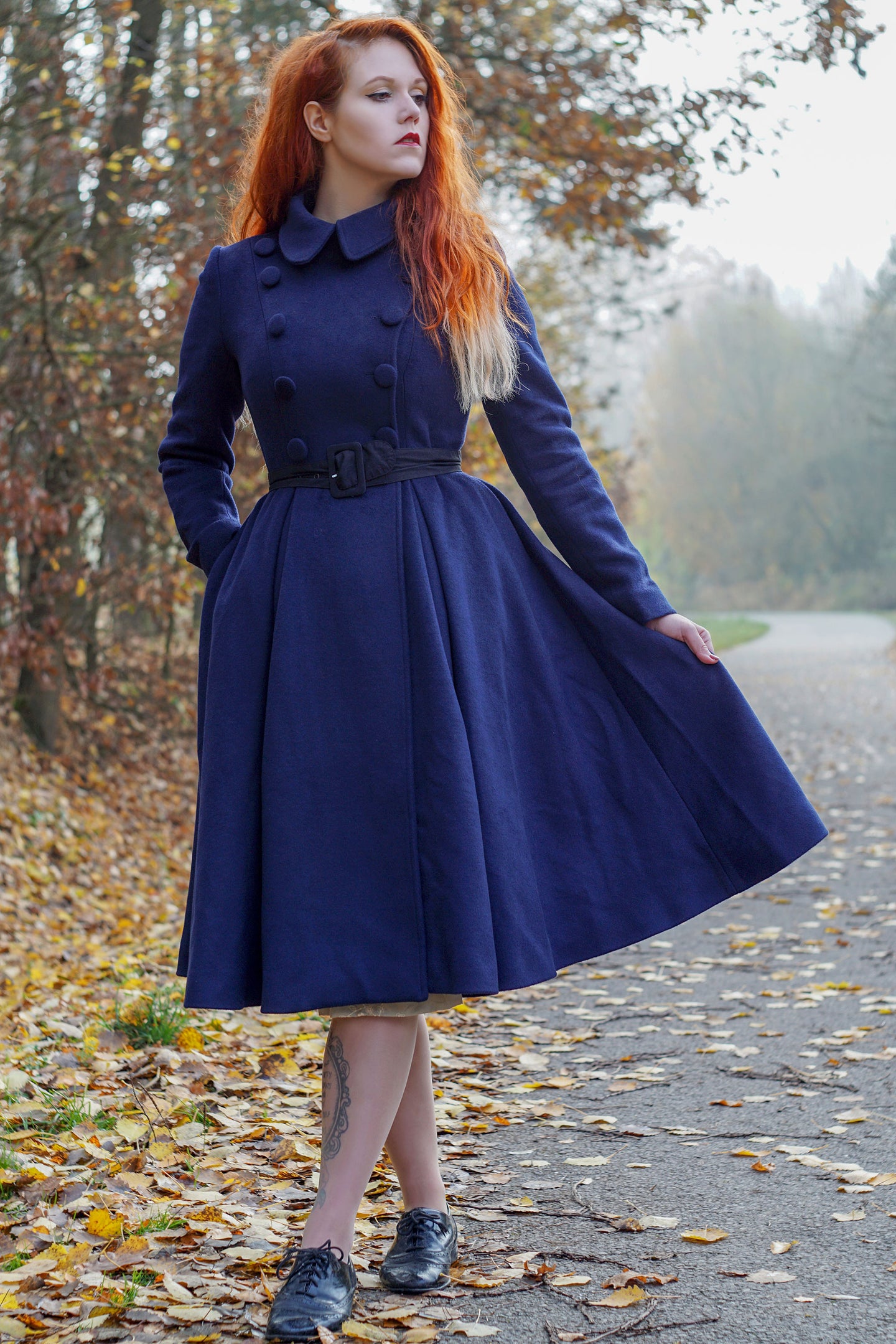 Double breasted Long wool coat in blue C1799
