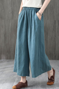 Blue Crop Wide Leg Elastic Waist Linen Pants C1948