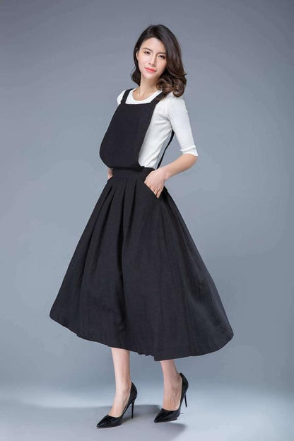 Black linen pinafore dress C1053#