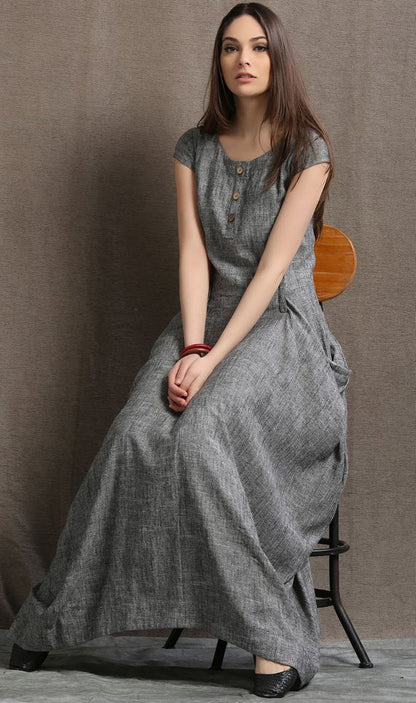 Grey Linen Maxi Dress - Asymmetric Silhouette with Pockets C427 - Grey / L Grey Linen Maxi Dress - Asymmetric Silhouette with Pockets C427 - Grey / L