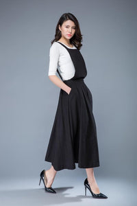 Black linen pinafore dress C1053#
