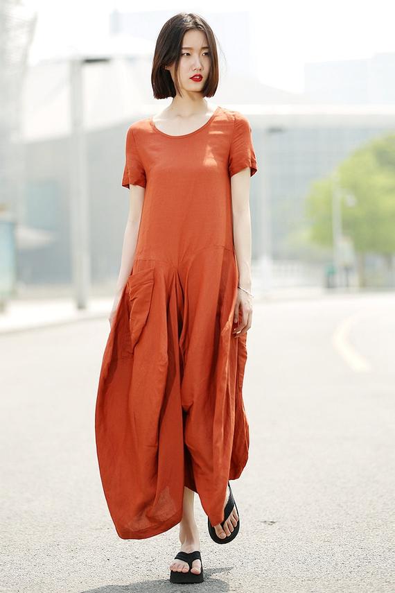 Orange Linen Blend Dress - Asymmetrical Hem, Loose Fit C351 - Orange / L Orange Linen Blend Dress - Asymmetrical Hem, Loose Fit C351 - Orange / L