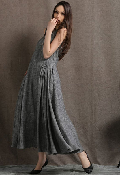Grey Linen Cotton Maxi Dress - V-Neck Sleeveless Flowy C418 - Grey / M Grey Linen Cotton Maxi Dress - V-Neck Sleeveless Flowy C418 - Grey / M