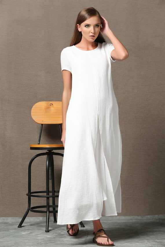 White Linen Maxi Dress - Loose Fit with Asymmetrical Hem C534 - White / Custom Order White Linen Maxi Dress - Loose Fit with Asymmetrical Hem C534 - White / Custom Order