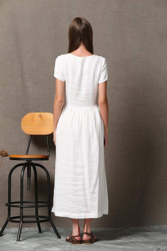 White Linen Short Dress - A-Line Pintuck Detail C536 - White / XL White Linen Short Dress - A-Line Pintuck Detail C536 - White / XL