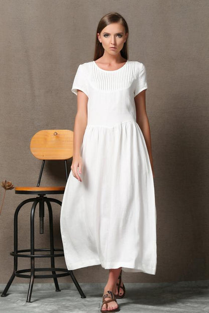 White Linen Short Dress - A-Line Pintuck Detail C536 - White / XL White Linen Short Dress - A-Line Pintuck Detail C536 - White / XL