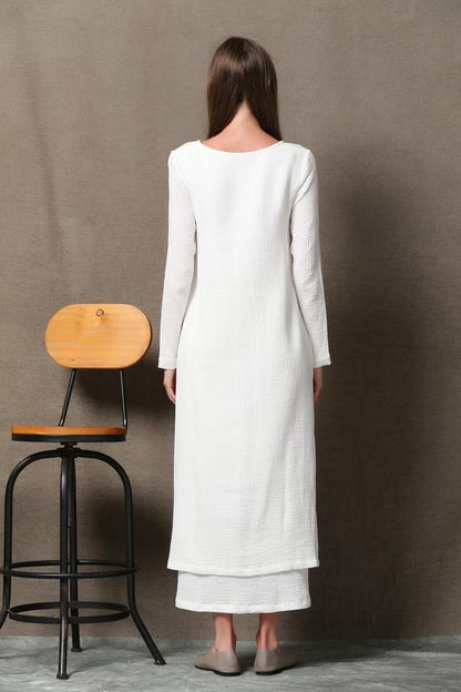 White Linen Maxi Dress - Two-Layered Oversized Soft Fit C554 - White / XL White Linen Maxi Dress - Two-Layered Oversized Soft Fit C554 - White / XL