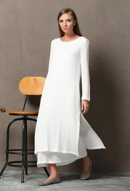 White Linen Maxi Dress - Two-Layered Oversized Soft Fit C554 White Linen Maxi Dress - Two-Layered Oversized Soft Fit C554