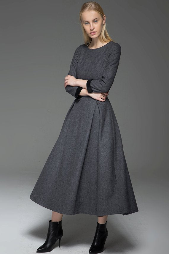 Classic Long Fitted Warm Winter Gray Wool Dress C780 YLISTYLE Classic Long Fitted Warm Winter Gray Wool Dress C780 YLISTYLE