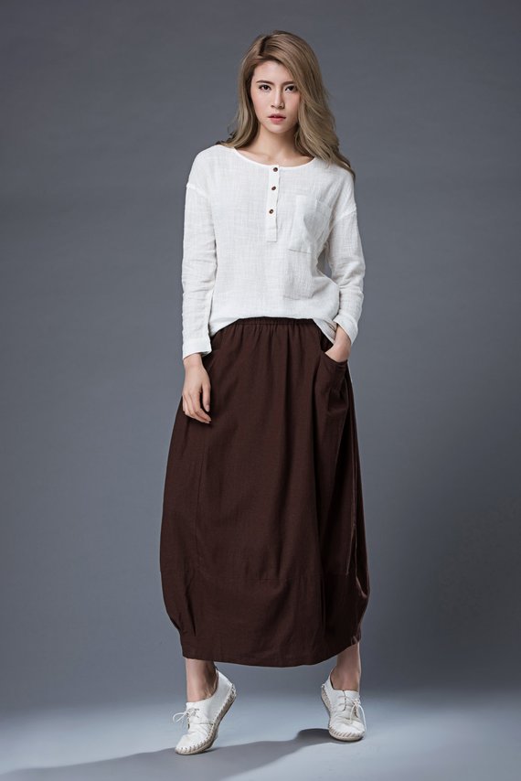 Brown Linen Skirt C861