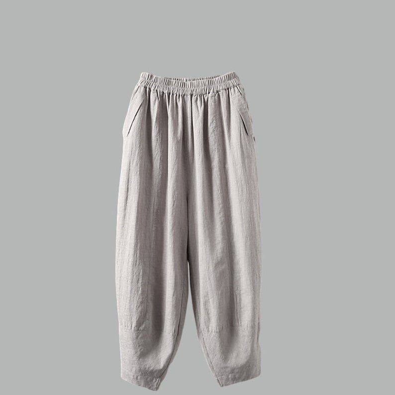 Blue Cotton Linen Pants - Elastic Waist, Relaxed Fit C1806
