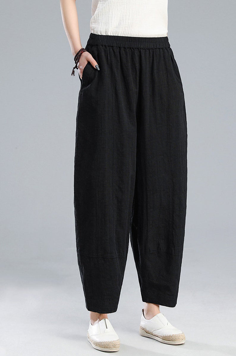 Blue Cotton Linen Pants - Elastic Waist, Relaxed Fit C1806