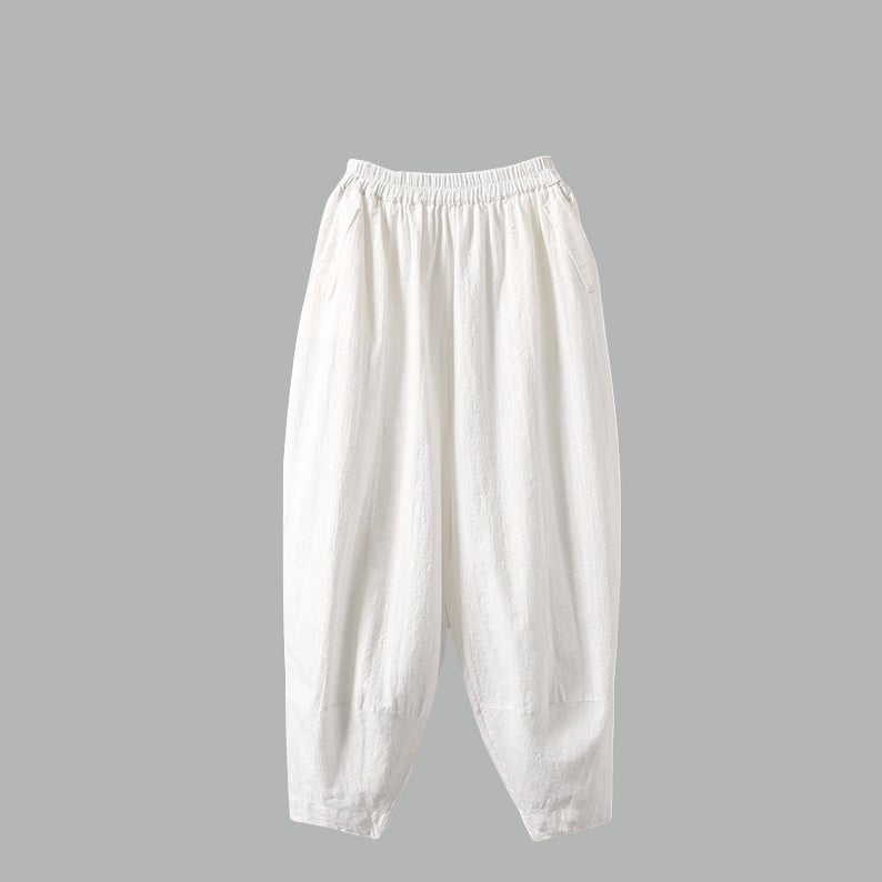 Blue Cotton Linen Pants - Elastic Waist, Relaxed Fit C1806