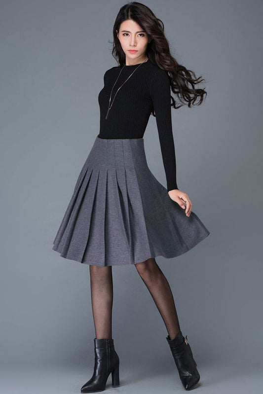 High waist pleated Wool Midi skirt in gray C1031