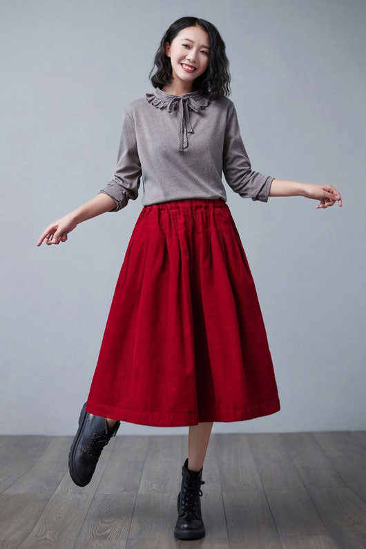 Red Pleated Midi Corduroy Skirt C2505