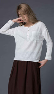 Linen crop top, linen top, white linen top, long sleeve top, white linen blouse, summer top, pocket top with long sleeves, loose top C859