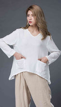 Load image into Gallery viewer, Linen top, womens linen top, white linen top, oversized linen top, linen blouse with long sleeves, v neck tops, irregular blouses C866
