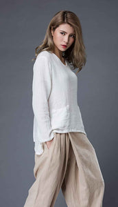 Linen top, womens linen top, white linen top, oversized linen top, linen blouse with long sleeves, v neck tops, irregular blouses C866