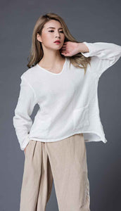 Linen top, womens linen top, white linen top, oversized linen top, linen blouse with long sleeves, v neck tops, irregular blouses C866