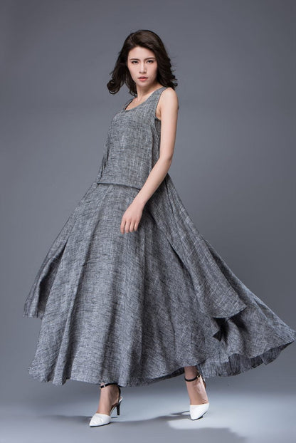 Gray Linen Dress - Layered Flowing Elegant Long Sleeve Long Summer Dress with Scoop Neck Handmade Clothing C881