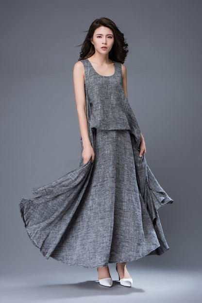 Gray Linen Dress - Layered Flowing Elegant Long Sleeve Long Summer Dress with Scoop Neck Handmade Clothing C881