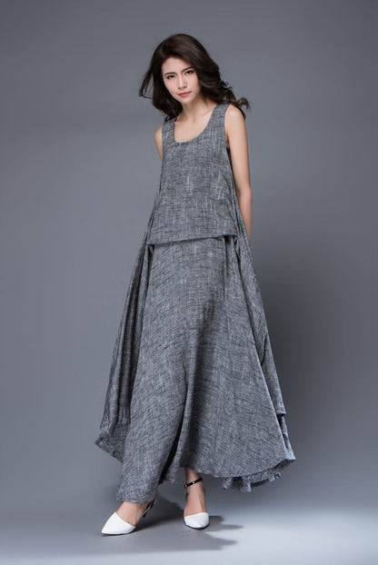Gray Linen Dress - Layered Flowing Elegant Long Sleeve Long Summer Dress with Scoop Neck Handmade Clothing C881