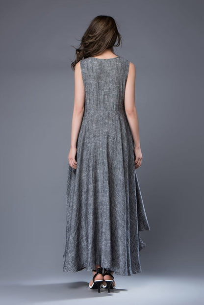 Gray Linen Dress - Layered Flowing Elegant Long Sleeve Long Summer Dress with Scoop Neck Handmade Clothing C881