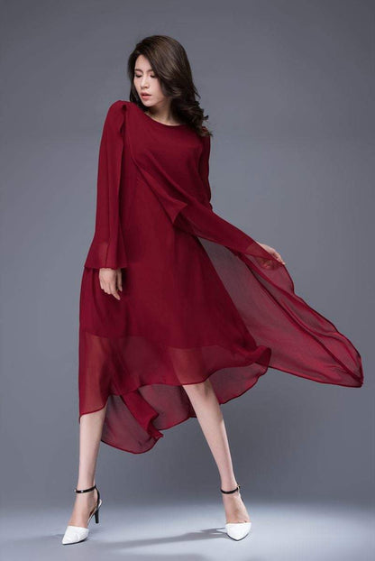 Chiffon dress, wine red dress, formal dress, layered dress, bridesmaid dress, party dress, prom dress, womens dress, asymmetrical dress C878