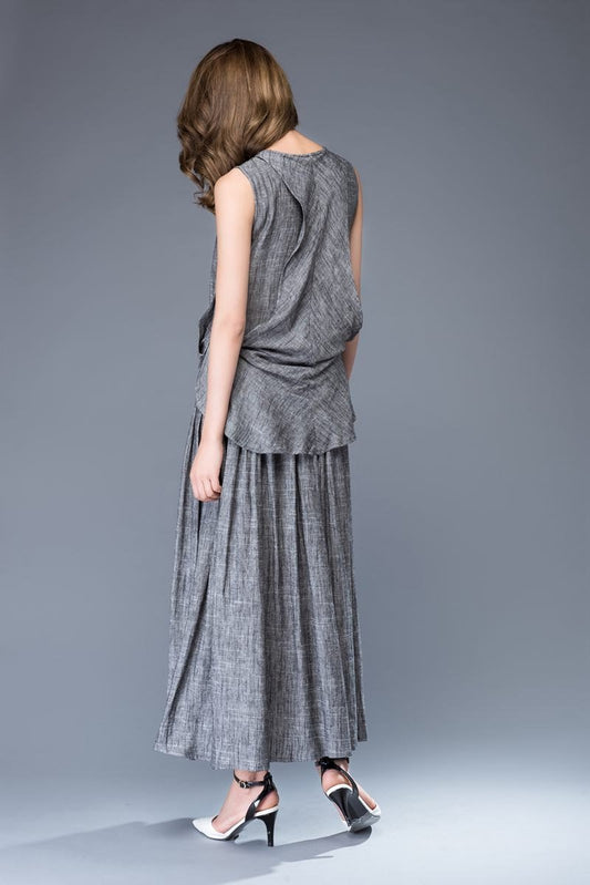 Gray Linen Maxi Dress - Sleeveless with Tie Waist C934
