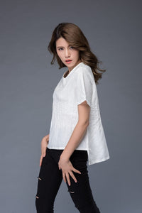White top, linen top, summer shirt, womens blouse, asymmetrical tops, short shirt, casual top, v neck top, white tee, handmade top C948