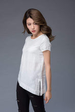 Load image into Gallery viewer, White linen T-shirt, irregular T-shirt, round neck ,loose fit T- Shirt, casual women T-shirt C949
