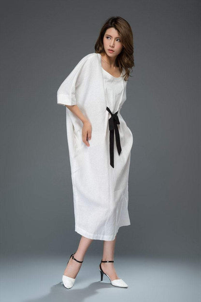 White Linen Dress - Loose-Fitting Casual or Smart Women's Designer Dress with Black Ribbon Tie & Batwing Sleeves C913