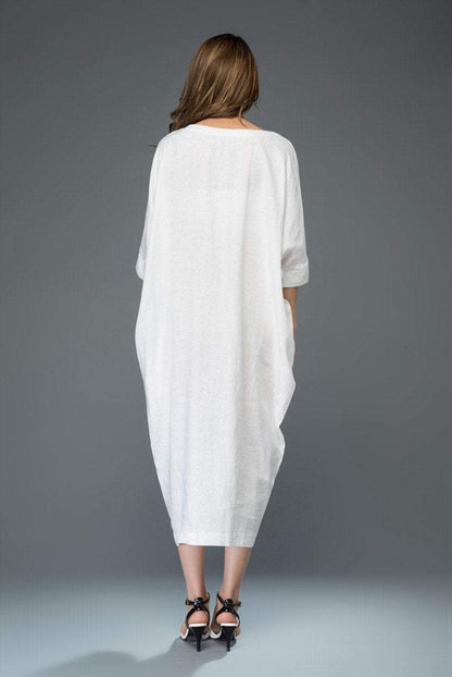White Linen Dress - Loose-Fitting Casual or Smart Women's Designer Dress with Black Ribbon Tie & Batwing Sleeves C913