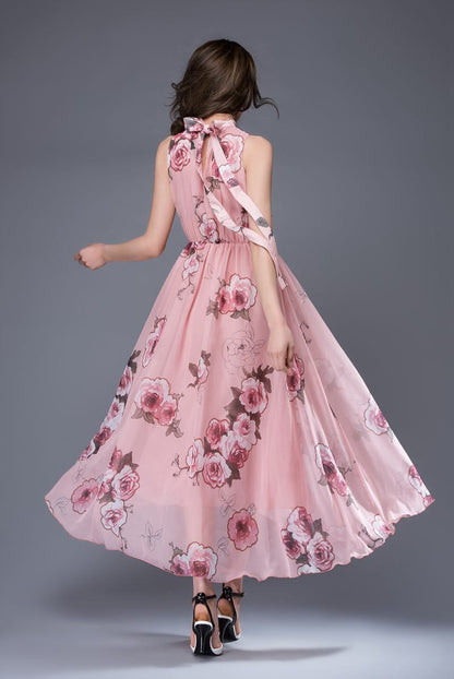 Pink print chiffon dress, bridesmaid chiffon dress, flower chiffon dress, romantic dress, womens dress, wedding dress, sleeveless dress C875