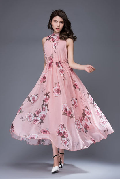 Pink print chiffon dress, bridesmaid chiffon dress, flower chiffon dress, romantic dress, womens dress, wedding dress, sleeveless dress C875