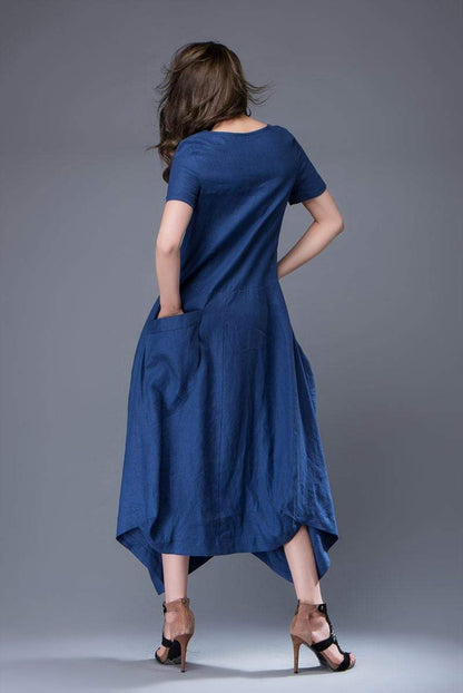 Blue Linen Dress - Lagenlook Long Maxi Short-Sleeved Loose-Fitting Asymmetrical Designer Dress with Large Pockets C883