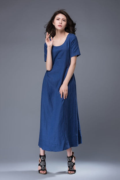 Royal Blue Dress - Simple Elegant Everyday Wardrobe Staple Linen Dress Semi-Fitted with Pockets & Drawstring Waist C884