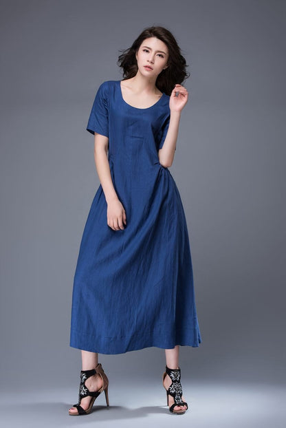 Royal Blue Dress - Simple Elegant Everyday Wardrobe Staple Linen Dress Semi-Fitted with Pockets & Drawstring Waist C884