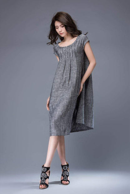 Gray linen tunic dress - mini Linen Women's Summer Dress with Cap Sleeves & Scoop Neck Mid-Length Plus Size Dress C886
