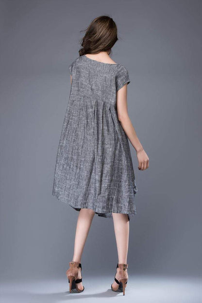 Gray linen tunic dress - mini Linen Women's Summer Dress with Cap Sleeves & Scoop Neck Mid-Length Plus Size Dress C886