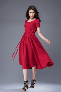 Red dress, scoop neck dress, linen dress, midi dress, drawstring dress, everyday dress, elegant dress, summer dress, pleated dress C887